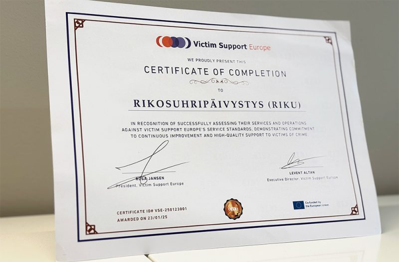 RIKU sai arvostetun eurooppalaisen sertifikaatin rikosuhripalveluiden laadusta